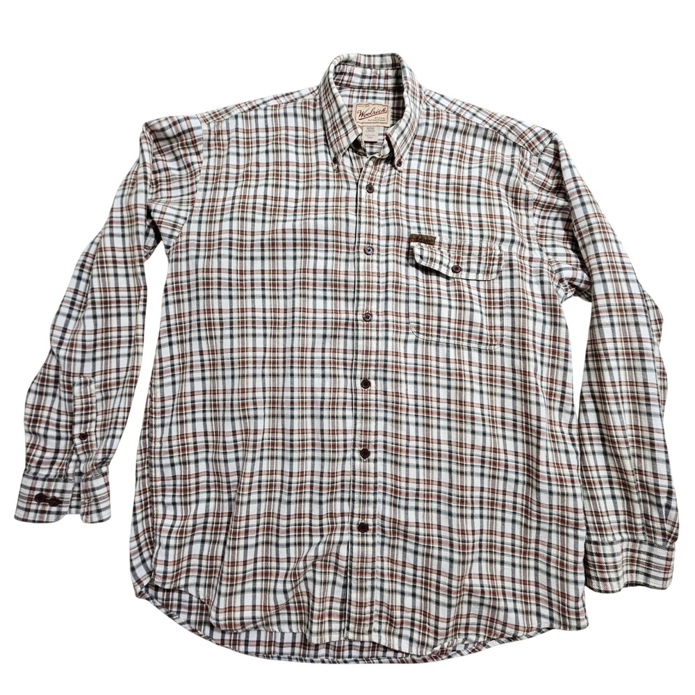 Woolrich Vintage Button Down Shirt Mens L Brown Plaid Cotton Long Sleeve Flannel